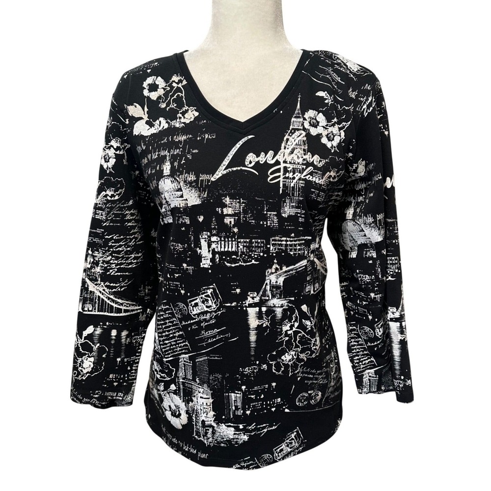 Vintage Y2K Style Grunge Black Womens Sz XL Floral Graphic Rhinestones‎ Festival